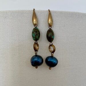 Isabel Marant brass drop earrings with black pearl and turquoise